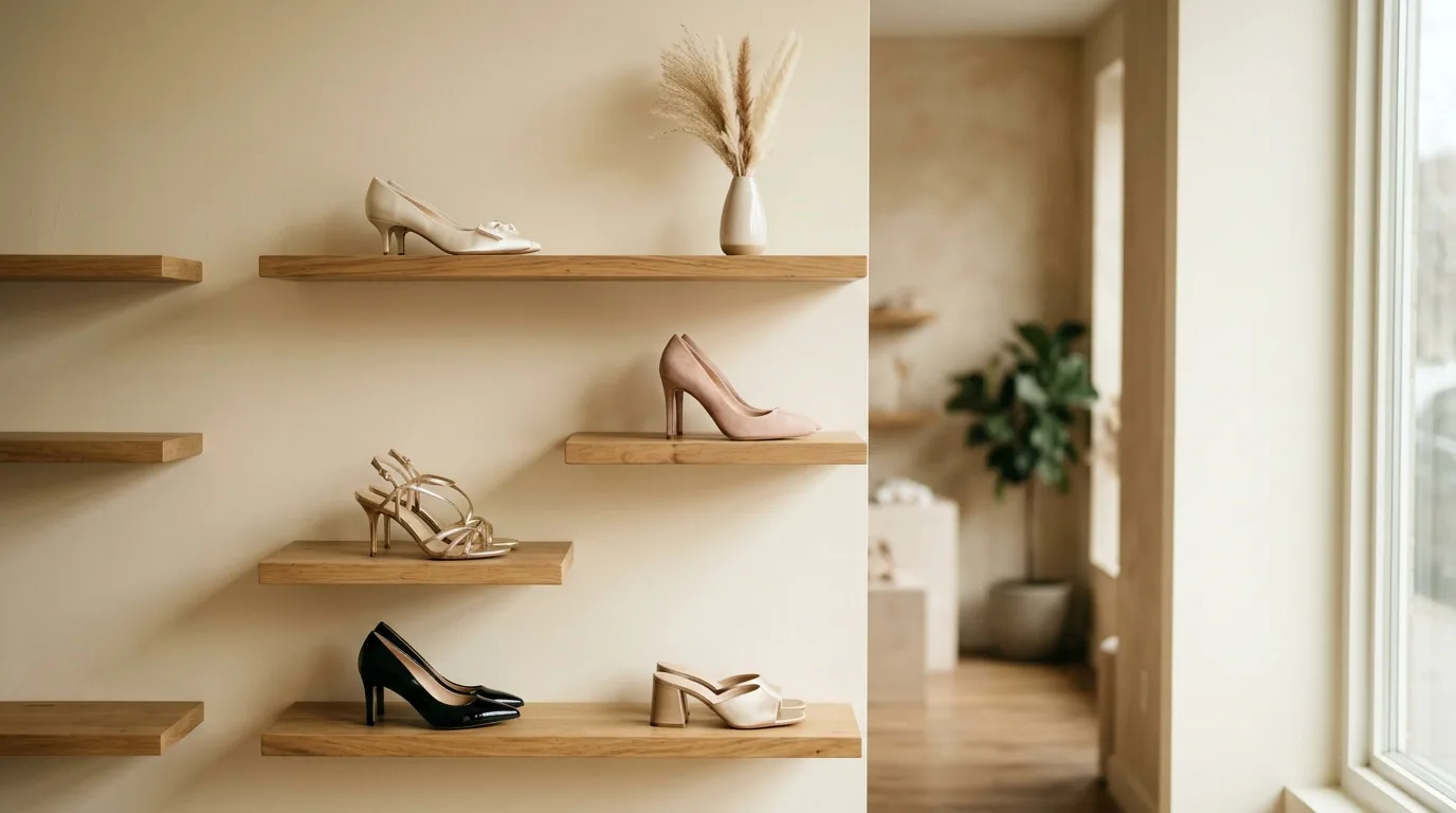 Shelves of women's heels, strappy sandals and pumps at Flor Boutique