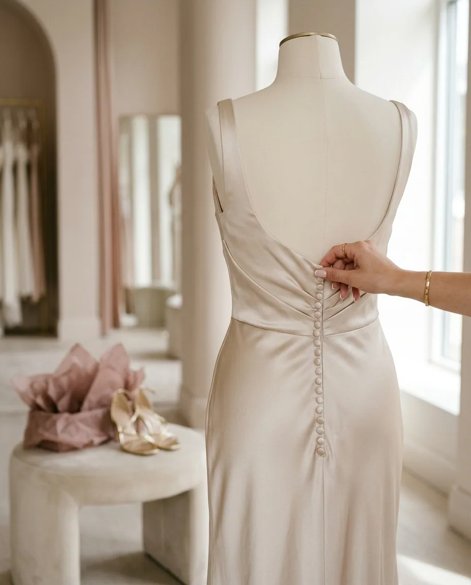 Back of a champagne satin evening dress with covered buttons