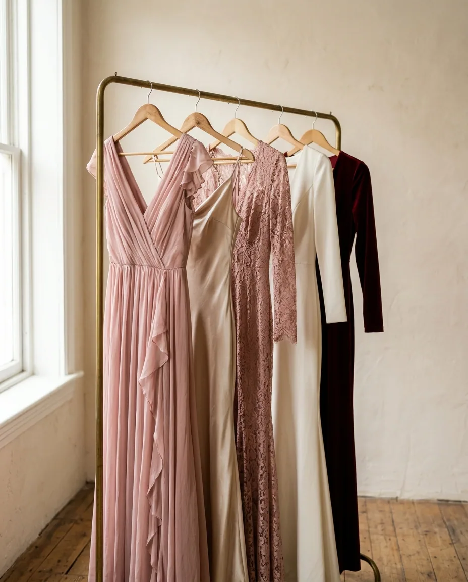 Rail of elegant dresses in blush, champagne, rose lace, ivory and burgundy