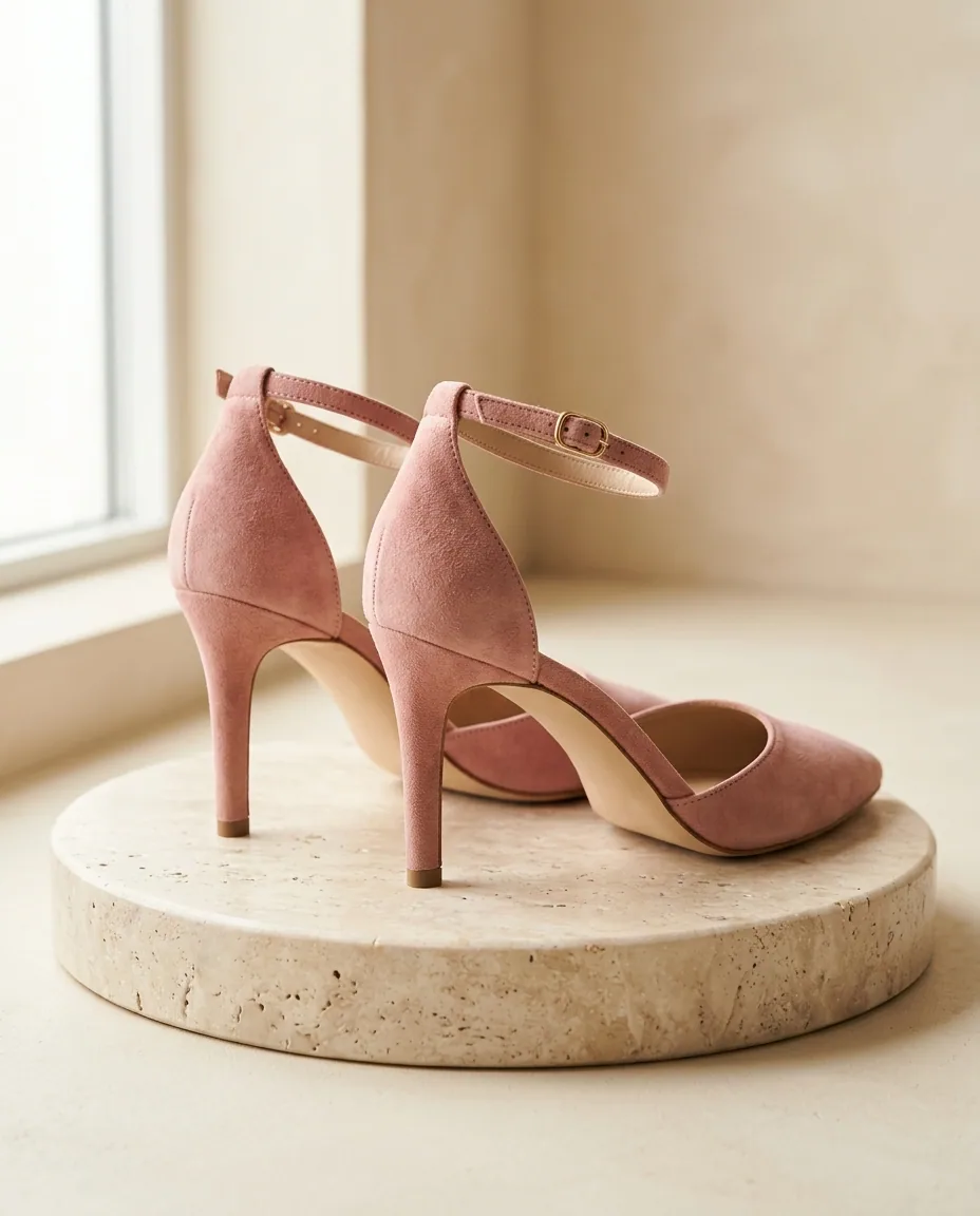 Blush pink suede heels with ankle strap on a travertine stand